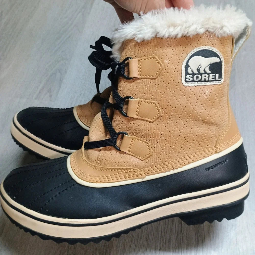 SOREL NL 1631-280 TIVOLI Waterproof Tan Black Fur Leather WINTER BOOTS 8.5